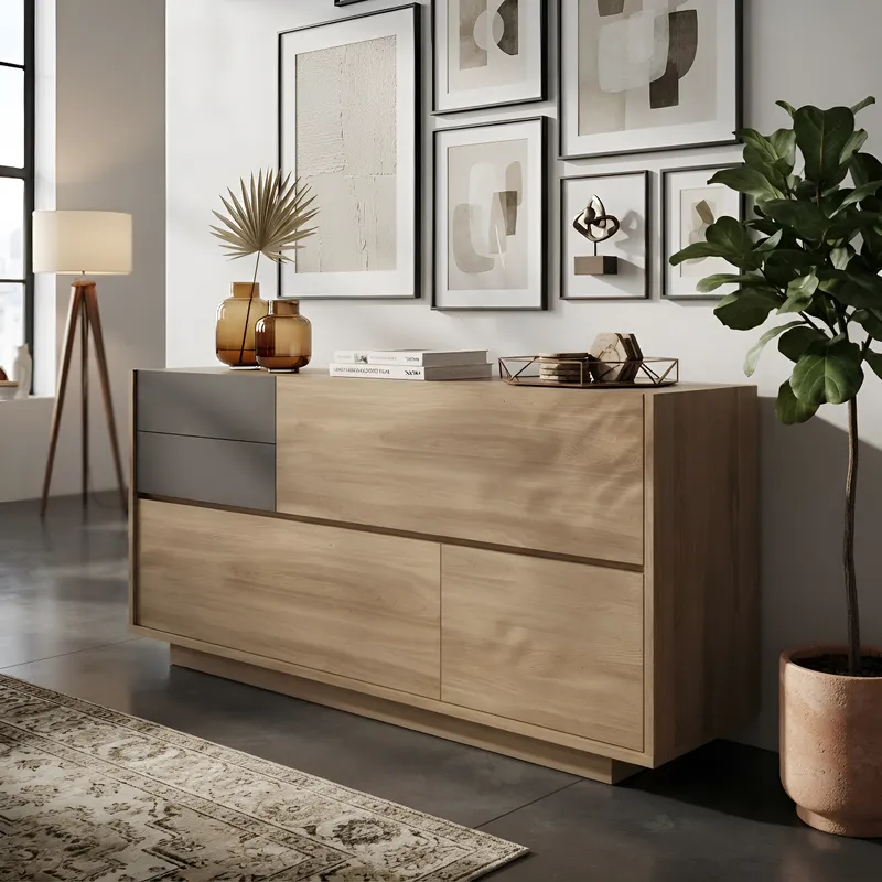 Aparador Color Nogal  con 2 Cajones, 3 Puertas Abatibles: Moderno y Elegancia, Funcionalidad para Tu Hogar Renueva tu espacio con nuestro aparador en color nogal, diseñada para ofrecer estilo y practicidad. Con 2 cajones, 3 puertas , este aparador es la solución perfecta para mantener tu hogar organizado. Equipado con apertura  push open y fabricado con melamina de alta calidad de 18 mm, este mueble garantiza durabilidad y resistencia. Sus medidas de 82 cm de alto,  178 cm de largo y 42 cm de profundidad la hacen ideal para cualquier habitación de tu hogar. Beneficios y Cualidades 1. Diseño Elegante y Moderno: El aparador en color nogal presenta un diseño contemporáneo que se adapta a cualquier estilo de decoración. El acabado en nogal aporta calidez y sofisticación, mientras que la apariencia sin tiradores añaden un toque de modernidad y elegancia.