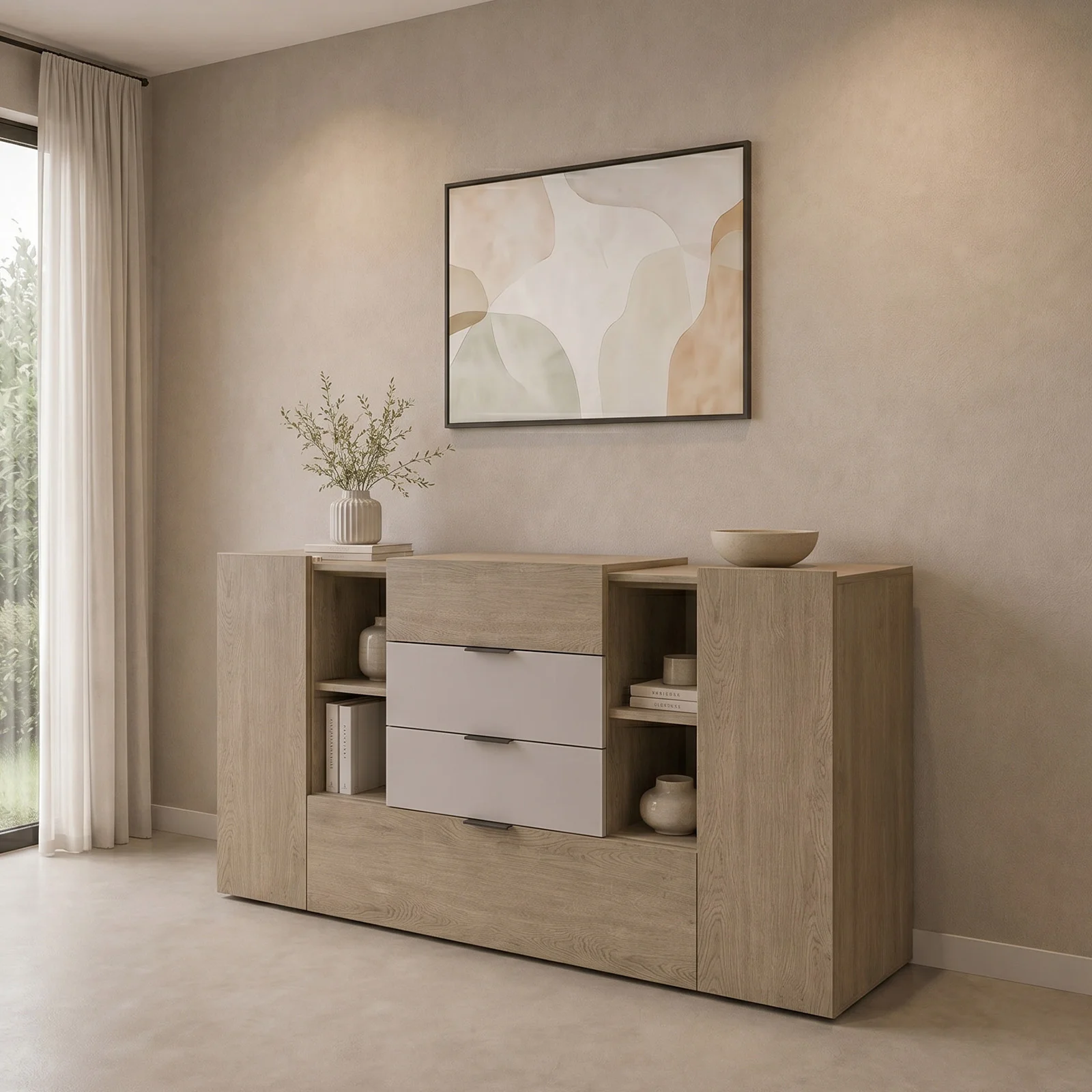 Aparador Color Ceniza y Capri Con 4 Cajones, 2 Puertas Abatibles: Moderno y Elegancia, Funcionalidad para Tu Hogar Renueva tu espacio con nuestro aparador en color ceniza, diseñada para ofrecer estilo y practicidad. Con 4 cajones, 2 puertas , este aparador es la solución perfecta para mantener tu hogar organizado. Equipado con apertura de tiradores de aluminio color negro y fabricado con melamina de alta calidad de 18 mm, este mueble garantiza durabilidad y resistencia. Sus medidas de 92 cm de alto, 160 cm de largo y 42 cm de profundidad la hacen ideal para cualquier habitación de tu hogar. Beneficios y Cualidades 1. Diseño Elegante y Moderno: El aparador en color ceniza presenta un diseño contemporáneo que se adapta a cualquier estilo de decoración. El acabado en cenizo aporta calidez y sofisticación, mientras que la apariencia con tiradores negros añaden un toque de modernidad y elegancia. Buffet de salón, Aparador de salón con 2 puertas y 4 cajones, 160x42h92 cm, ceniza. ESTRUCTURA Y USO - Mueble de salón práctico y que ahorra espacio, estructurado con dos puertas batientes y cuatro cajones, interiormente con estante - Las puertas y cajones con tiradores de aluminio negros, ambos equipados con fuertes bisagras y guías metálicas - El estante superior convierte este aparador en un televisor Mueble donde guardar tus adornos favoritos - Este mueble es perfecto para decorar el comedor, salón, pasillo, entrada u oficina, guardando ordenadamente vajilla, vasos, manteles, cubiertos, libros, documentos u objetos decorativos.