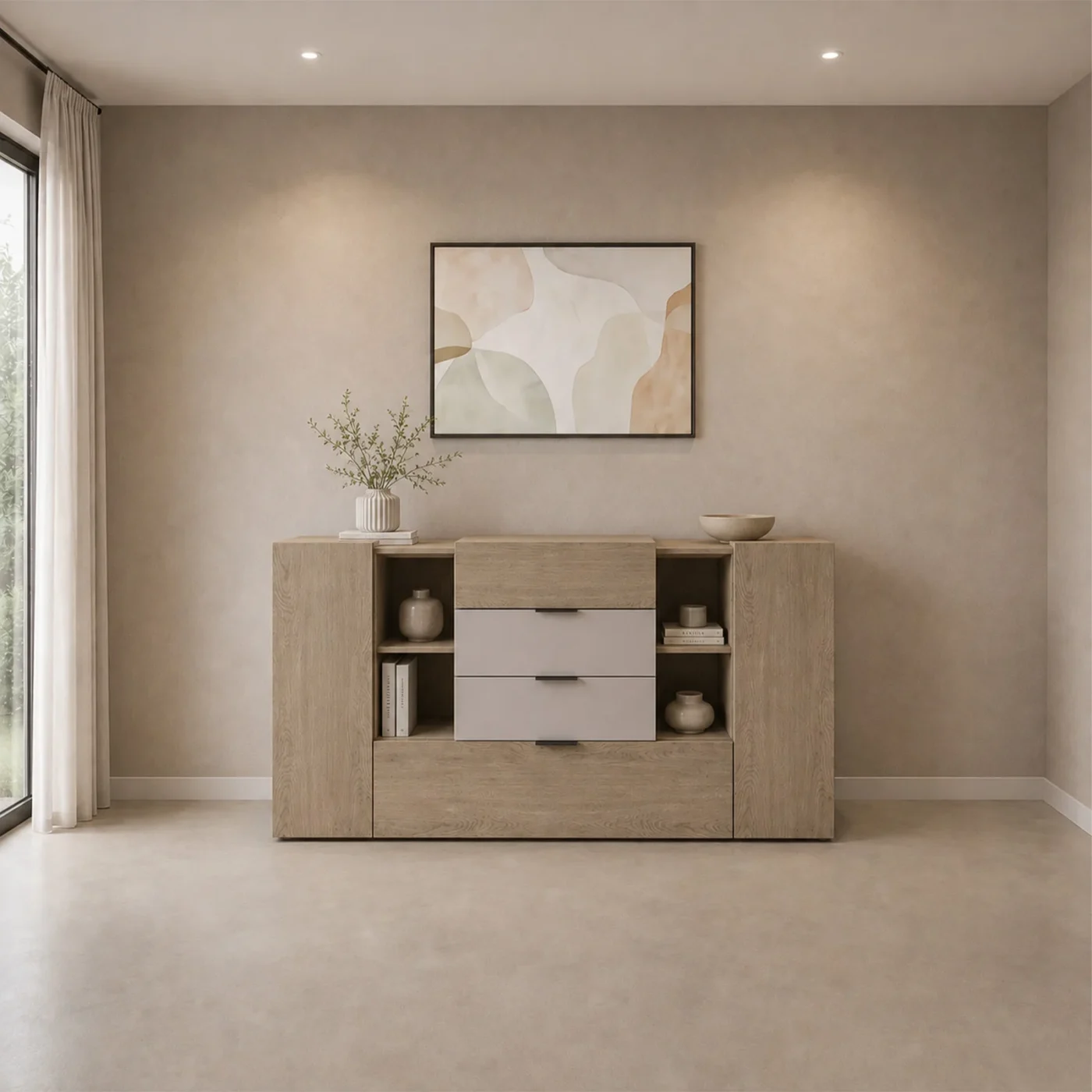 Aparador Color Ceniza y Capri  Con 4 Cajones, 2 Puertas Abatibles: Moderno y Elegancia, Funcionalidad para Tu Hogar Renueva tu espacio con nuestro aparador en color ceniza, diseñada para ofrecer estilo y practicidad. Con 4 cajones, 2 puertas , este aparador es la solución perfecta para mantener tu hogar organizado. Equipado con apertura de tiradores de aluminio color negro y fabricado con melamina de alta calidad de 18 mm, este mueble garantiza durabilidad y resistencia. Sus medidas de 92 cm de alto,  160 cm de largo y 42 cm de profundidad la hacen ideal para cualquier habitación de tu hogar. Beneficios y Cualidades 1. Diseño Elegante y Moderno: El aparador en color ceniza presenta un diseño contemporáneo que se adapta a cualquier estilo de decoración. El acabado en cenizo aporta calidez y sofisticación, mientras que la apariencia con tiradores negros añaden un toque de modernidad y elegancia. Buffet de salón, Aparador de salón con 2 puertas y 4 cajones, 160x42h92 cm, ceniza. ESTRUCTURA Y USO - Mueble de salón práctico y que ahorra espacio, estructurado con dos puertas batientes y cuatro cajones, interiormente con estante - Las puertas y cajones con tiradores de aluminio negros, ambos equipados con fuertes bisagras y guías metálicas - El estante superior convierte este aparador en un televisor Mueble donde guardar tus adornos favoritos - Este mueble es perfecto para decorar el comedor, salón, pasillo, entrada u oficina, guardando ordenadamente vajilla, vasos, manteles, cubiertos, libros, documentos u objetos decorativos.