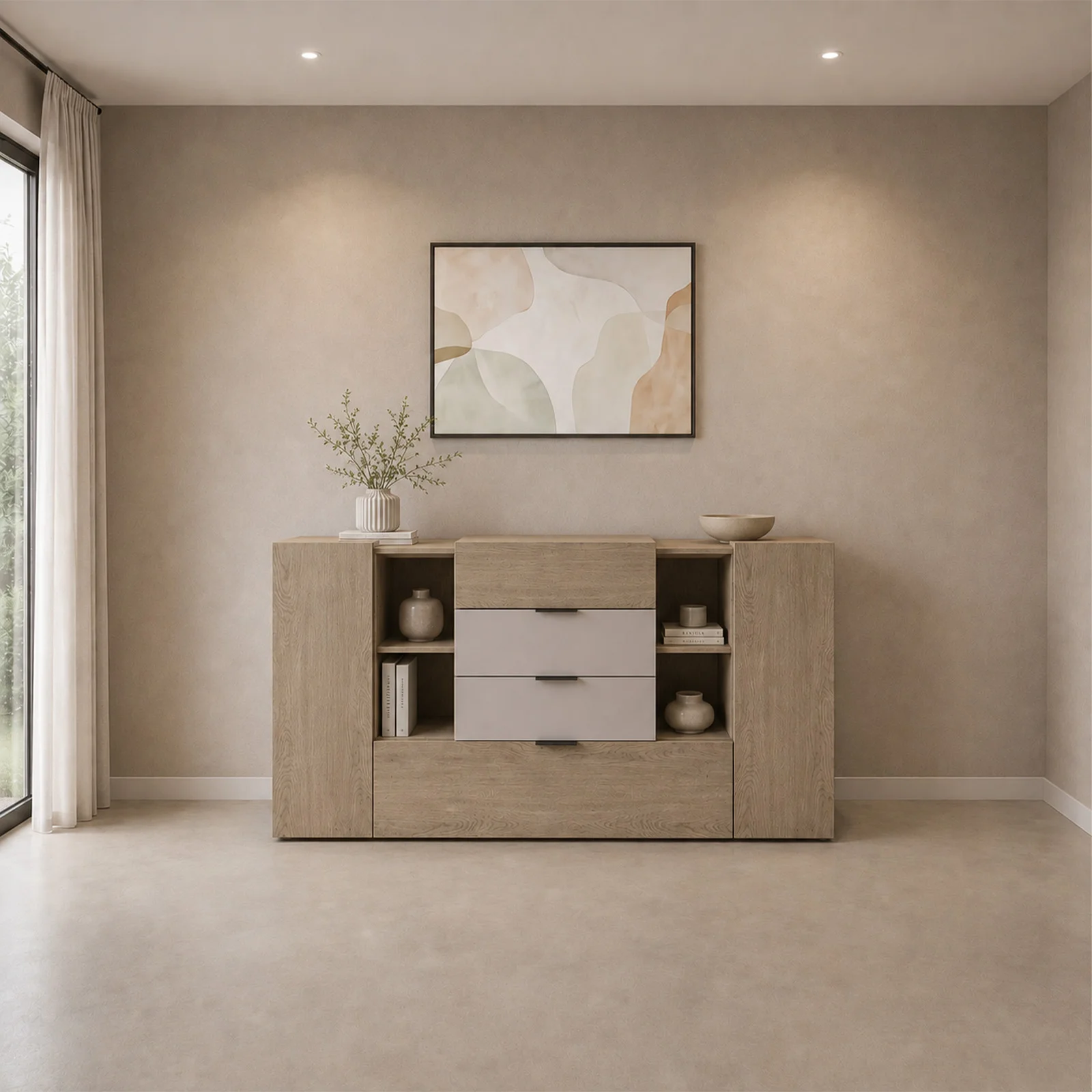 Aparador Color Ceniza y Capri Con 4 Cajones, 2 Puertas Abatibles: Moderno y Elegancia, Funcionalidad para Tu Hogar Renueva tu espacio con nuestro aparador en color ceniza, diseñada para ofrecer estilo y practicidad. Con 4 cajones, 2 puertas , este aparador es la solución perfecta para mantener tu hogar organizado. Equipado con apertura de tiradores de aluminio color negro y fabricado con melamina de alta calidad de 18 mm, este mueble garantiza durabilidad y resistencia. Sus medidas de 92 cm de alto, 160 cm de largo y 42 cm de profundidad la hacen ideal para cualquier habitación de tu hogar. Beneficios y Cualidades 1. Diseño Elegante y Moderno: El aparador en color ceniza presenta un diseño contemporáneo que se adapta a cualquier estilo de decoración. El acabado en cenizo aporta calidez y sofisticación, mientras que la apariencia con tiradores negros añaden un toque de modernidad y elegancia. Buffet de salón, Aparador de salón con 2 puertas y 4 cajones, 160x42h92 cm, ceniza. ESTRUCTURA Y USO - Mueble de salón práctico y que ahorra espacio, estructurado con dos puertas batientes y cuatro cajones, interiormente con estante - Las puertas y cajones con tiradores de aluminio negros, ambos equipados con fuertes bisagras y guías metálicas - El estante superior convierte este aparador en un televisor Mueble donde guardar tus adornos favoritos - Este mueble es perfecto para decorar el comedor, salón, pasillo, entrada u oficina, guardando ordenadamente vajilla, vasos, manteles, cubiertos, libros, documentos u objetos decorativos.