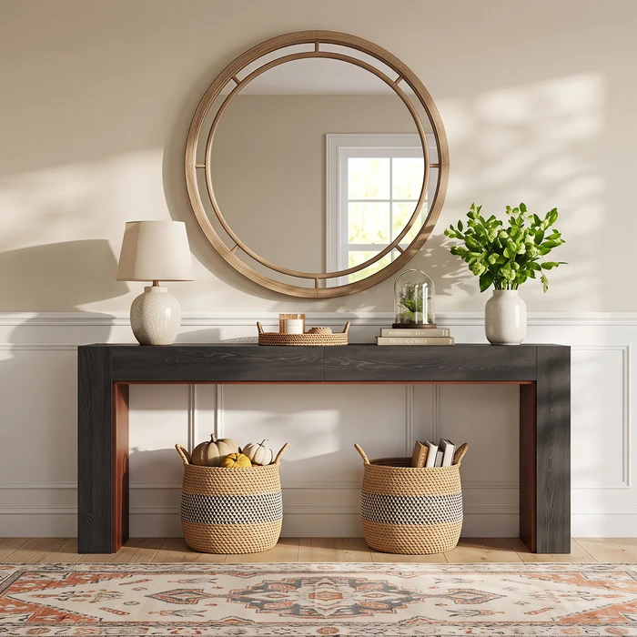 Mesa Consola Moderna en Roble: Elegancia y Funcionalidad para tu Hogar Transforma tu espacio con la mesa consola moderna en color roble, una pieza de mobiliario que combina estilo, funcionalidad y calidad. Esta mesa consola no solo sirve como un atractivo elemento decorativo, sino que también ofrece un espacio de almacenamiento práctico. Confeccionada en melamina de alta calidad de 18 mm, garantiza durabilidad y resistencia. Las medidas de este elegante mueble son 85 cm de alto, 200 cm de ancho y 35 cm de profundidad, ideales para embellecer y organizar cualquier área de tu hogar. Beneficios y Cualidades 1. Diseño Moderno y Sofisticado: La mesa consola en color roble negro destaca por su diseño contemporáneo que se adapta a diversos estilos de decoración, desde modernos hasta más clásicos. Su acabado le otorga una calidez natural que crea un ambiente acogedor en cualquier estancia.