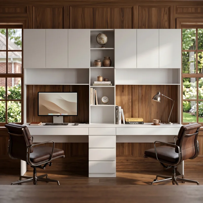 Mesa Escritorio de Oficina Moderna en Color Blanco: Organización y Estilo para tu Espacio de Trabajo. La mesa escritorio de oficina en color cedro es la solución perfecta para quienes buscan combinar estilo moderno y funcionalidad en su espacio de trabajo. Con dimensiones de 220 cm de alto, 240 cm de ancho y 59 cm de profundidad, esta mesa ha sido diseñada para ofrecer un amplio espacio de trabajo y almacenamiento, permitiéndote mantener todo lo esencial al alcance de la mano mientras disfrutas de un entorno organizado y elegante. Fabricada en melamina de alta calidad de 18 mm, esta mesa no solo garantiza durabilidad, sino también una estética impecable que se adapta a cualquier tipo de oficina. Beneficios y Cualidades de la Mesa Escritorio de Oficina  Diseño Moderno y Elegante: El escritorio para computadora de 239 cm de ancho con estantería superior, estantes abiertos, una amplia superficie de trabajo y múltiples espacios de almacenamiento ofrece una solución de oficina en casa de estilo transicional. La espaciosa superficie de trabajo soporta hasta 50 kg. Los materiales y suministros se pueden guardar en diferentes compartimentos. El cajón para archivos se abre suavemente con guías de rótula de expansión completa para facilitar el acceso a cartas, documentos legales y documentos tamaño A4, mientras que el cajón más pequeño mantiene organizados los artículos de oficina pequeños. El escritorio incluye dos estantes abiertos grandes y cinco estantes abiertos pequeños para un almacenamiento y exhibición flexibles.