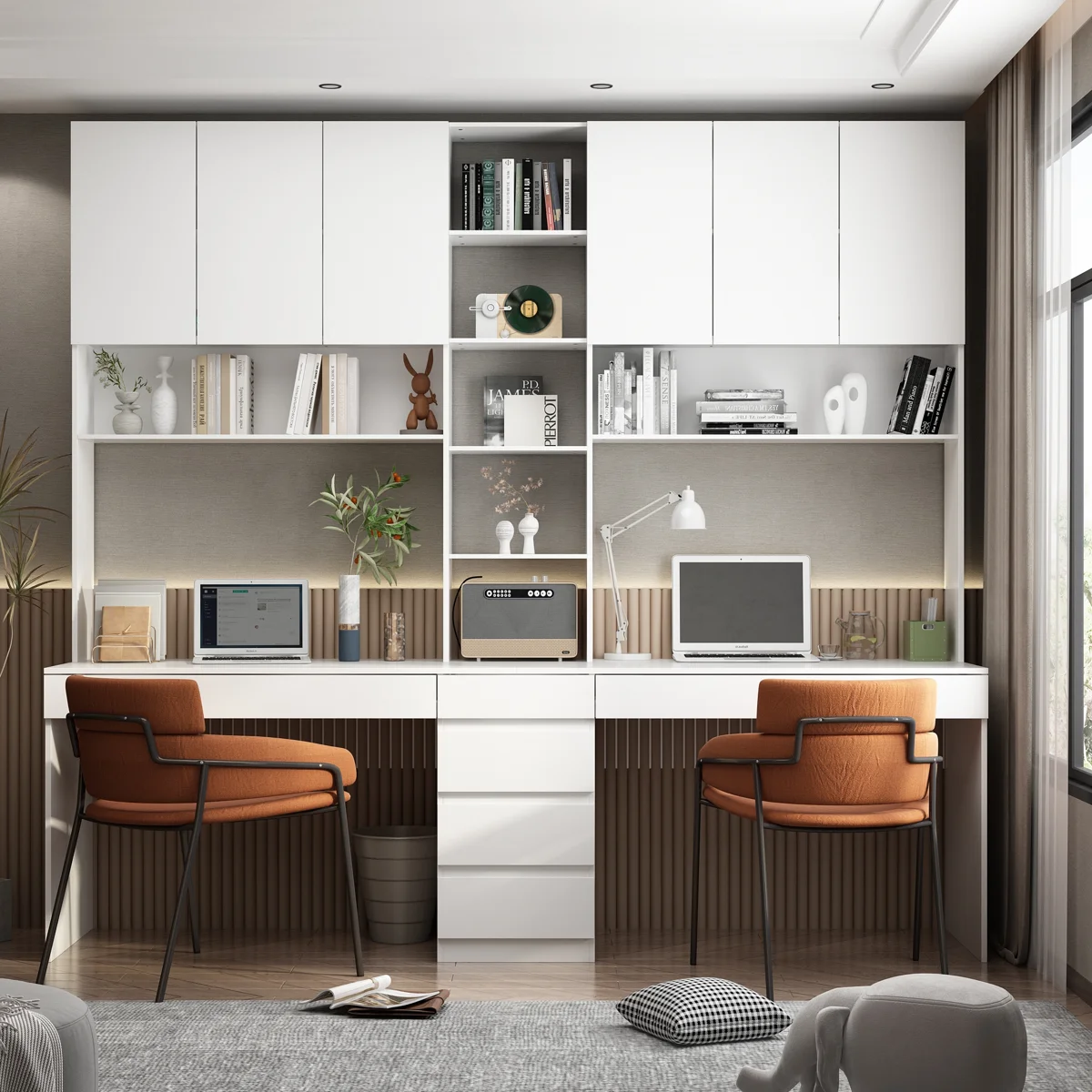 Mesa Escritorio de Oficina Moderna en Color Blanco: Organización y Estilo para tu Espacio de Trabajo. La mesa escritorio de oficina en color cedro es la solución perfecta para quienes buscan combinar estilo moderno y funcionalidad en su espacio de trabajo. Con dimensiones de 220 cm de alto, 240 cm de ancho y 59 cm de profundidad, esta mesa ha sido diseñada para ofrecer un amplio espacio de trabajo y almacenamiento, permitiéndote mantener todo lo esencial al alcance de la mano mientras disfrutas de un entorno organizado y elegante. Fabricada en melamina de alta calidad de 18 mm, esta mesa no solo garantiza durabilidad, sino también una estética impecable que se adapta a cualquier tipo de oficina. Beneficios y Cualidades de la Mesa Escritorio de Oficina Diseño Moderno y Elegante: El escritorio para computadora de 239 cm de ancho con estantería superior, estantes abiertos, una amplia superficie de trabajo y múltiples espacios de almacenamiento ofrece una solución de oficina en casa de estilo transicional. La espaciosa superficie de trabajo soporta hasta 50 kg. Los materiales y suministros se pueden guardar en diferentes compartimentos. El cajón para archivos se abre suavemente con guías de rótula de expansión completa para facilitar el acceso a cartas, documentos legales y documentos tamaño A4, mientras que el cajón más pequeño mantiene organizados los artículos de oficina pequeños. El escritorio incluye dos estantes abiertos grandes y cinco estantes abiertos pequeños para un almacenamiento y exhibición flexibles.