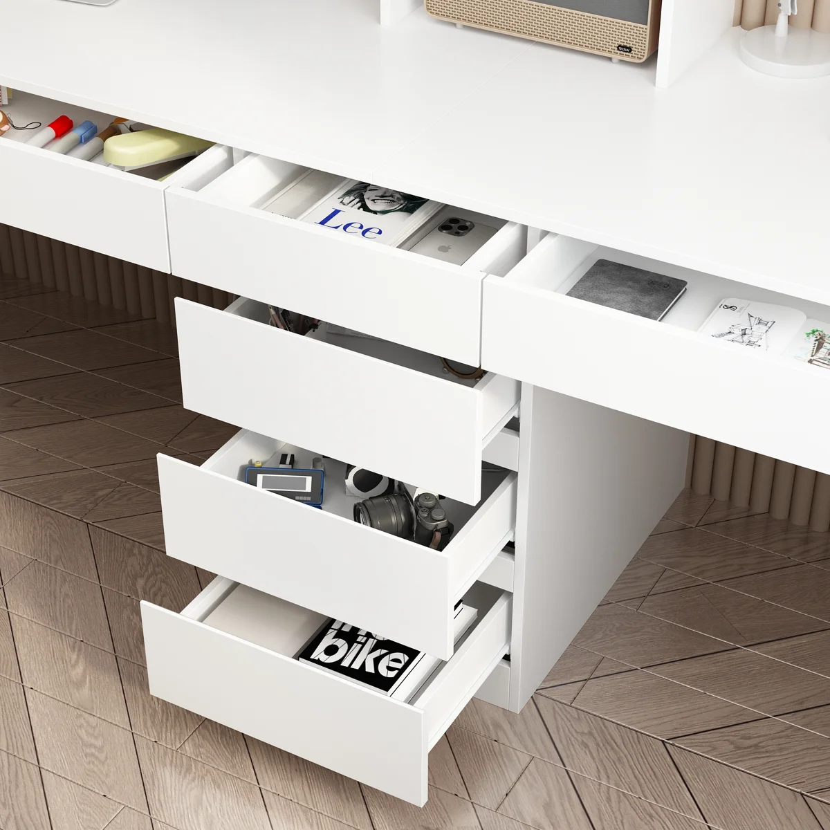 ESCRITORIO DOBLE CASHEL 6 CAJONES CON ESTANTE ALTO BLANCO 240CM - Imagen 5