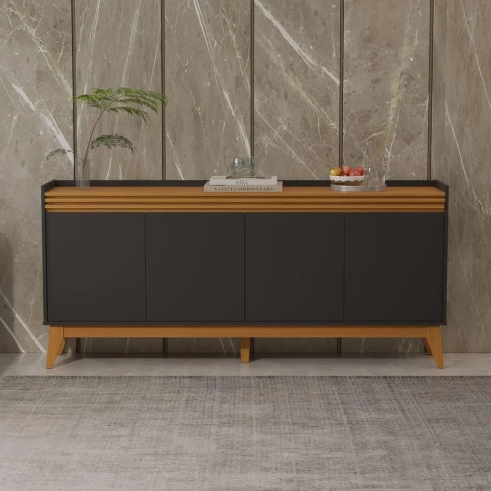 Aparador Moderno de 4 Puertas en Color Negro Cedro: Elegancia y Funcionalidad en un Solo Mueble Renueva tu sala con nuestro hermoso Aparador recibidor. El cual combina su estilo con la que hoy en día todos buscamos. Podrás decorarlo de una manera que tu habitación luzca extremadamente bien.